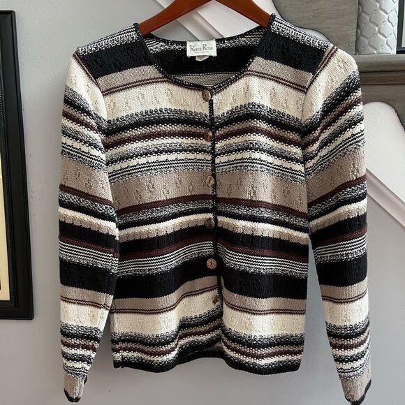 Reba Rose Neutral Stripe Heavy Knit Cardigan Sweater sz S EUC - Picture 1 of 6
